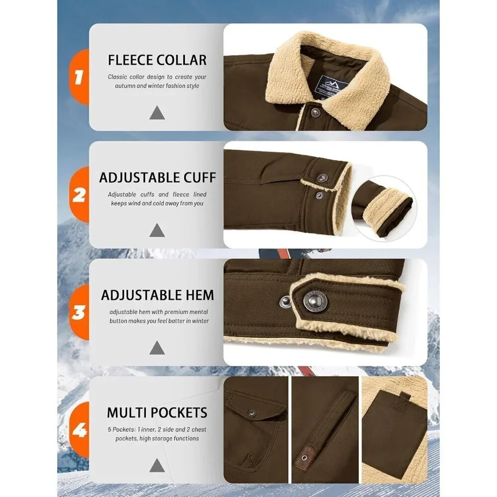 🆕Mens Brown AI Winter Sherpa Lined Jacket Warm Trucker Coat Multi Pocket